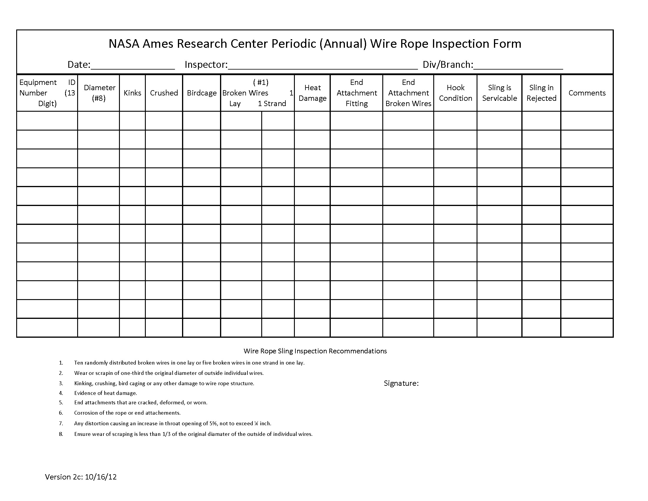 Inspection Log Sheet Nasa Ames Research Center Apg1700 1 Chapter 17