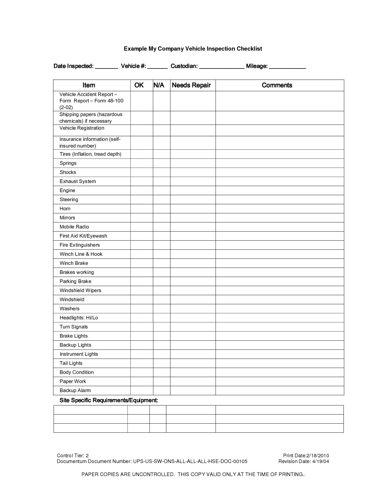 Inspection Log Sheet Vehicle Inspection Checklist Template