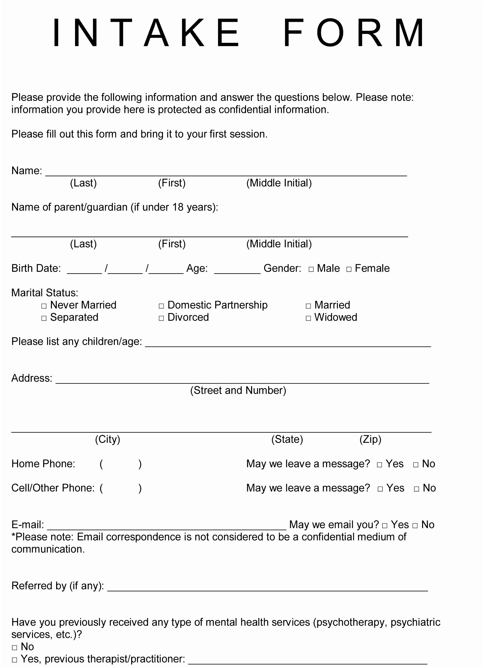 Intake form Template Word 10 Physical therapy Intake form Template Jruai