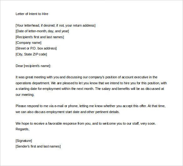 Intent to Hire Letter 11 Sample Employment Letter Of Intent Templates Pdf