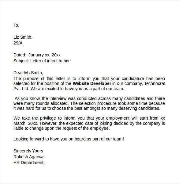 Intent to Hire Letter Sample Letter Of Intent for A Job 7 Free Documents In