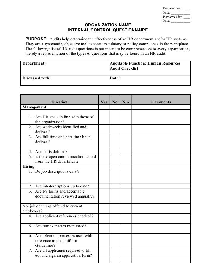 Internal Audit Checklist Template Excel Hr Internal Control Audit Checklist