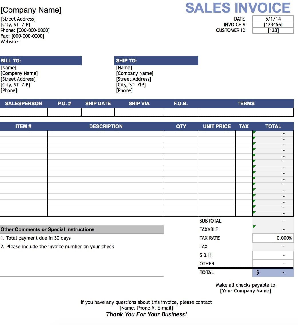 Invoice Template for Excel Free Sales Invoice Template Excel Pdf