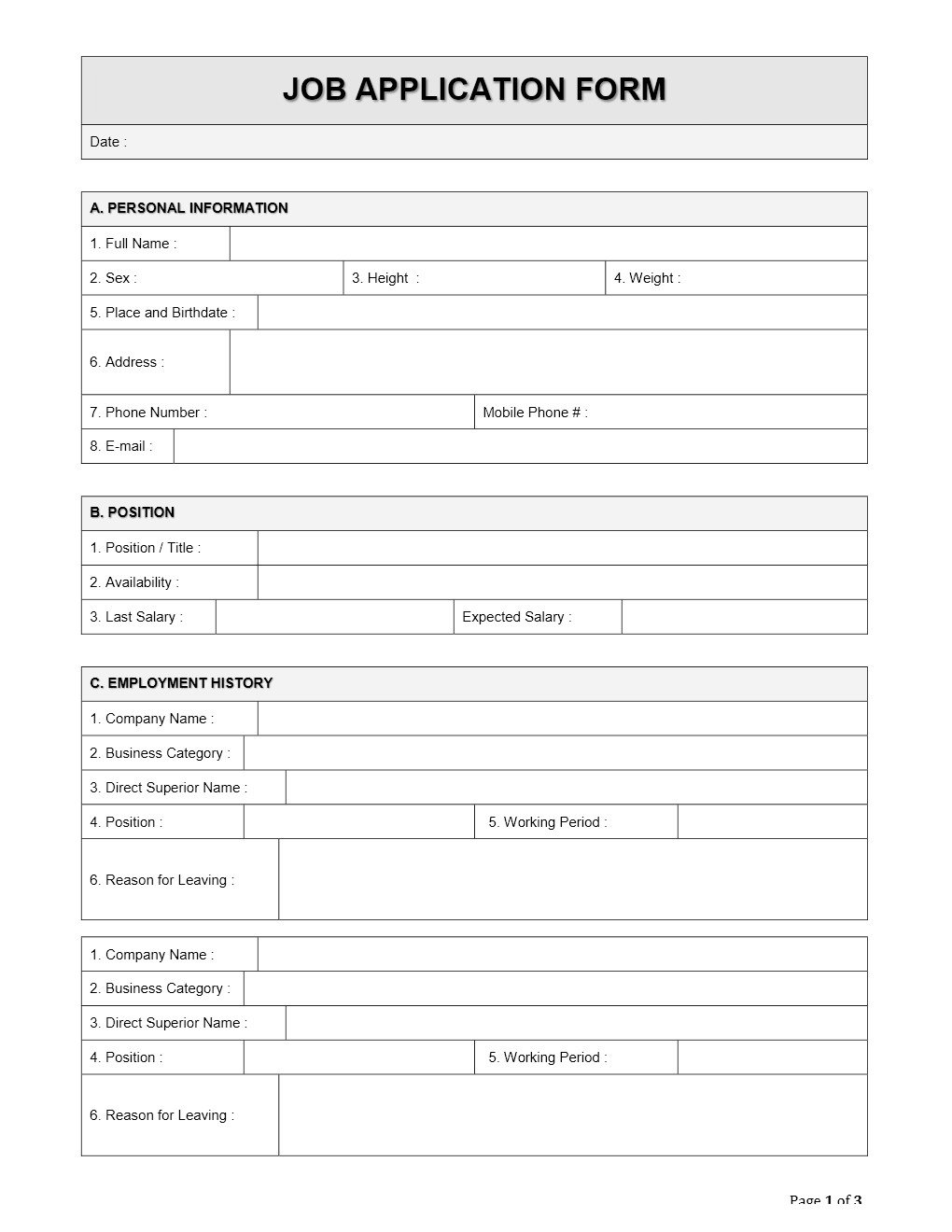 Job Application Template Word Document Employee Job Application form