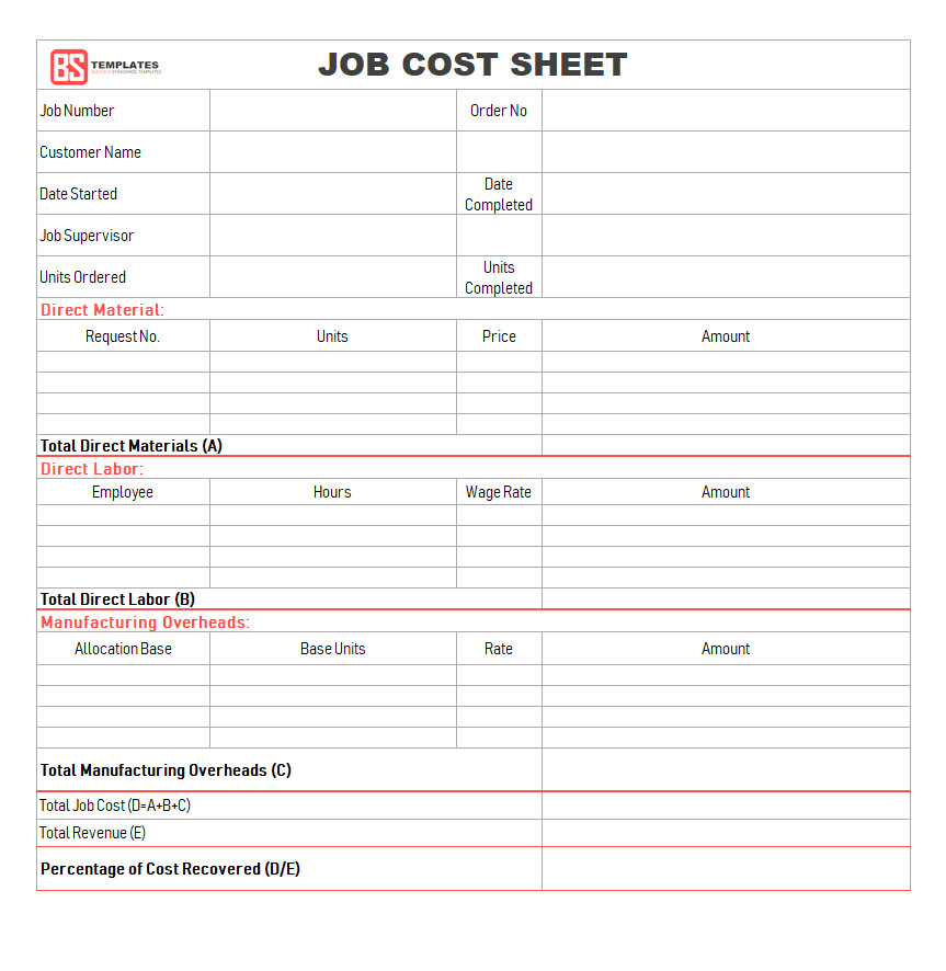 Job Cost Sheet Template Excel Job Sheet