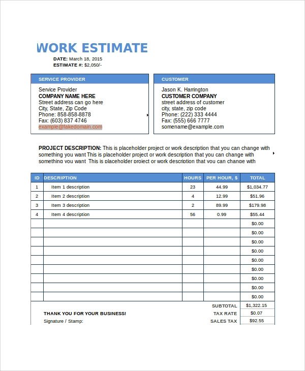 Job Estimate Template Pdf Sample Work Estimate Templates 7 Free Documents