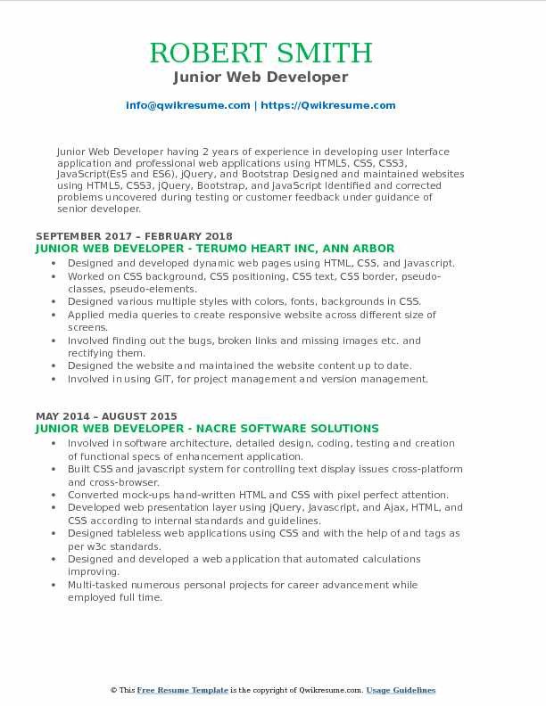 Junior Web Developer Resume Junior Web Developer Resume Samples