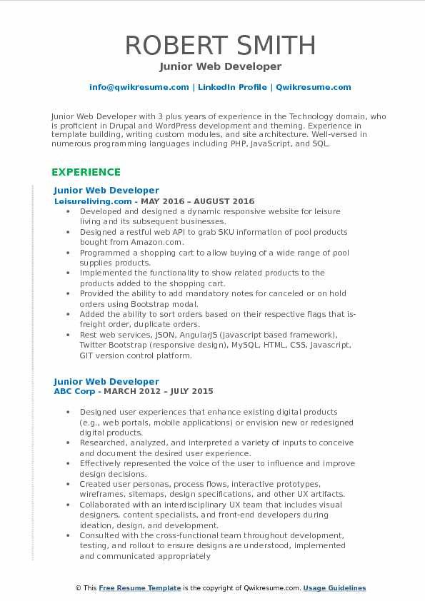 Junior Web Developer Resume Junior Web Developer Resume Samples