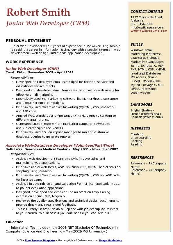 Junior Web Developer Resume Junior Web Developer Resume Samples