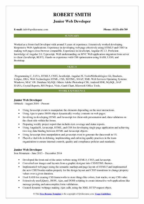 Junior Web Developer Resume Junior Web Developer Resume Samples