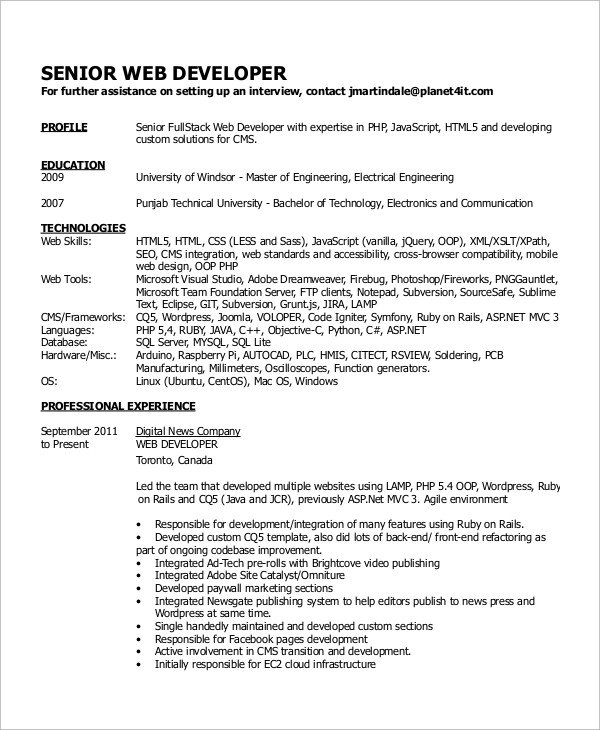 Junior Web Developer Resume Sample Web Developer Resume 10 Examples In Word Pdf
