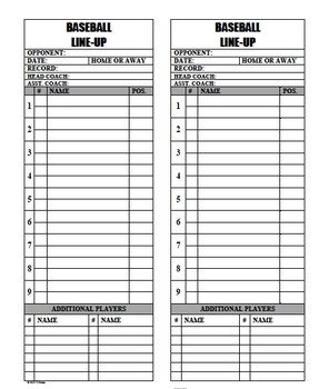 Kickball Roster Template Baseball softball Line Up Roster Card for Coaches Dugout