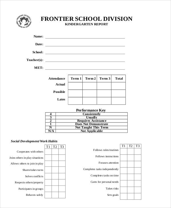 Kindergarten Report Card Template Sample Report Card 5 Documents In Pdf Word