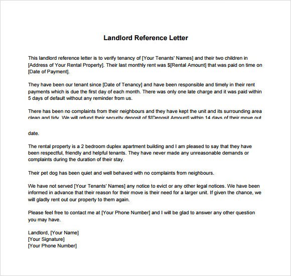 Landlord Letter Of Recommendation Landlord Reference Letter Template 8 Download Free