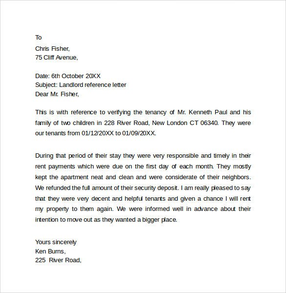Landlord Reference Letter Sample Landlord Reference Letter Template 10 Samples