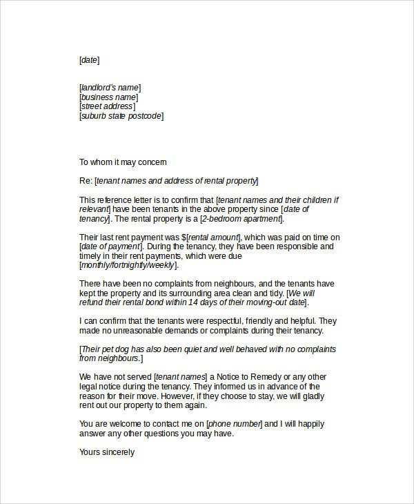 Landlord Reference Letter Sample Sample Tenant Re Mendation Letter 7 Examples In Word Pdf