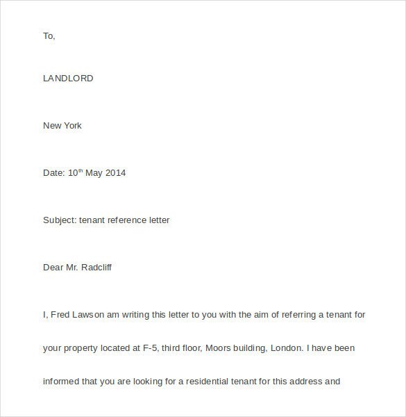 Landlord Reference Letter Sample Tenant Reference Letter 8 Documents In Pdf Word