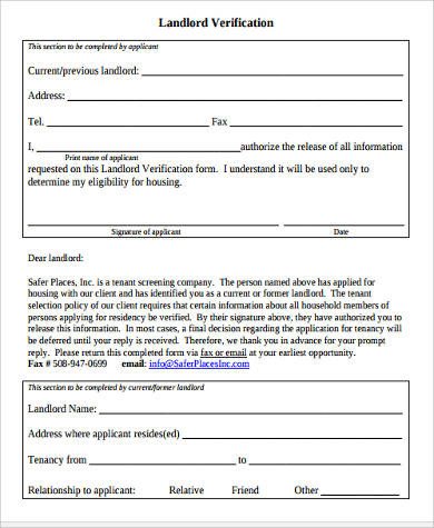 Landlord Verification form Template Landlord Verification Sample forms 8 Free Documents In