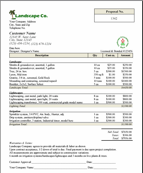 Landscaping Proposal Template Free Free Printable Lawn Service Contract form Generic