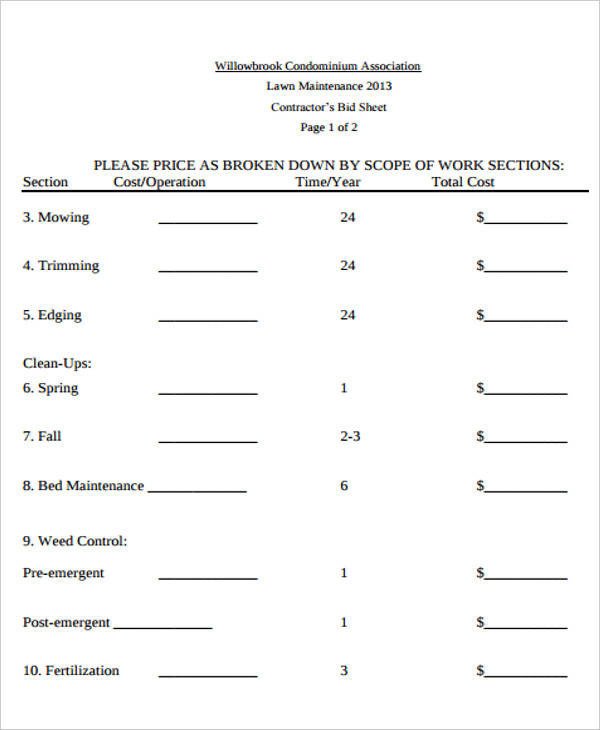 Lawn Care Estimate form 10 Bid Sheet Templates Free Sample Example format