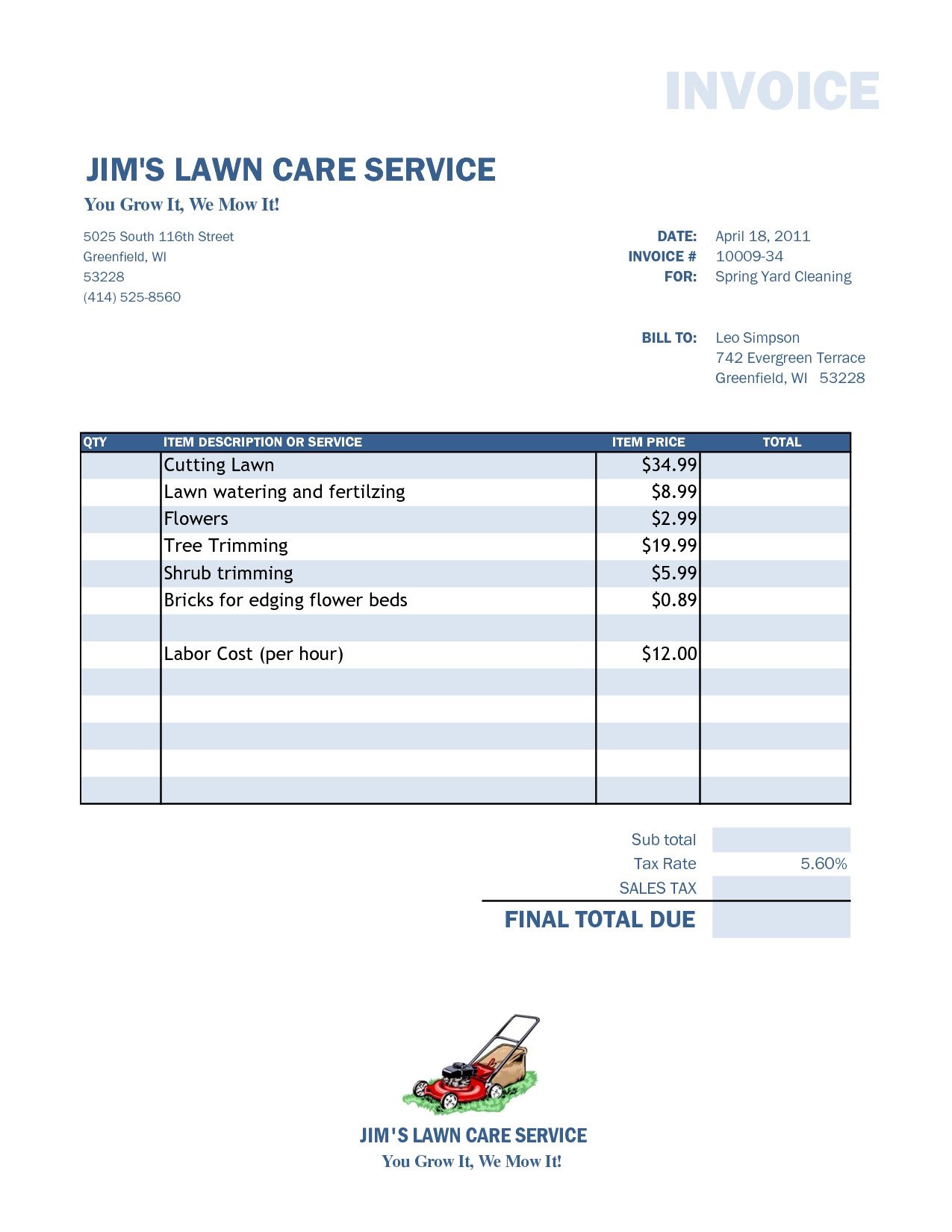 Lawn Care Invoice Template Lawn Care Invoice Template
