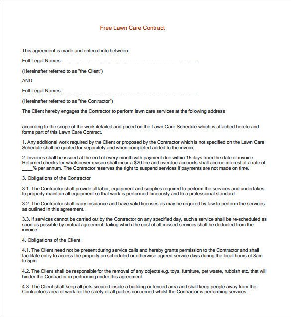 Lawn Service Proposal Template Free 9 Lawn Service Contract Templates Pdf Doc Apple Pages