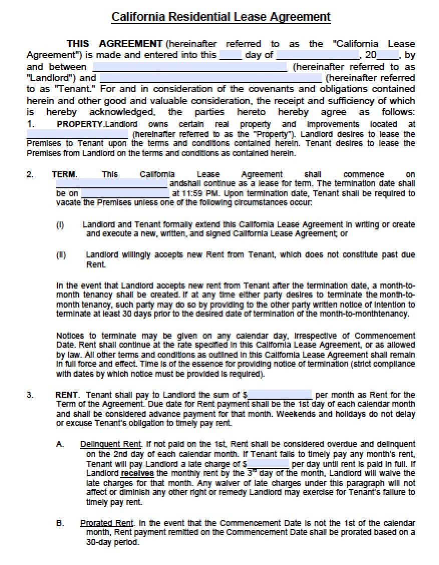Lease Agreement Template Pdf Free California Standard Residential Lease Agreement
