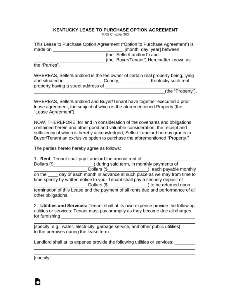 Lease Purchase Agreement form Free Kentucky Lease Agreement with Option to Purchase form
