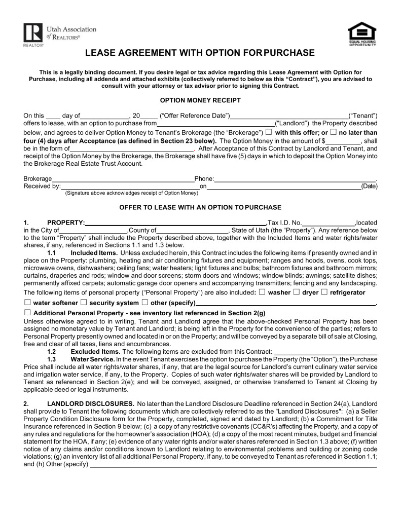 Lease Purchase Agreement form Free Utah Lease Agreement with Option to Purchase form