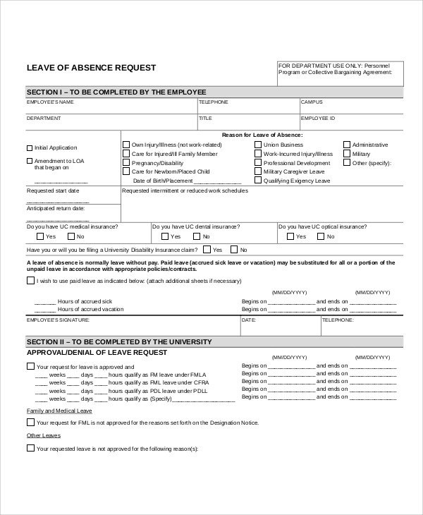 Leave Of Absence form Template 12 Sample Leave Request form Free Sample Example