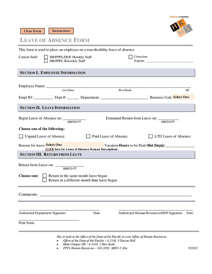 Leave Of Absence form Template Leave Of Absence form Leave Of Absence form