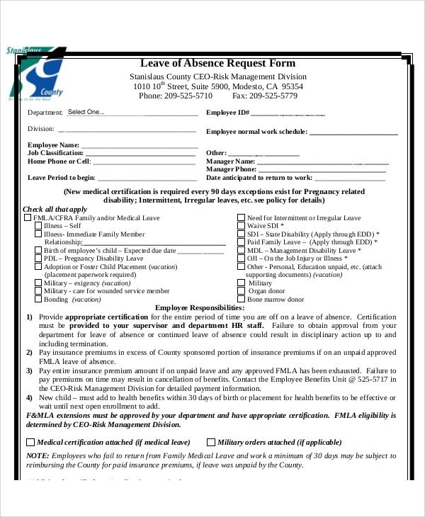 Leave Of Absence form Template Sample Absence Request form 11 Examples In Word Pdf