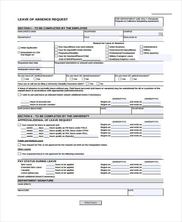 Leave Of Absence form Template Sample Request form