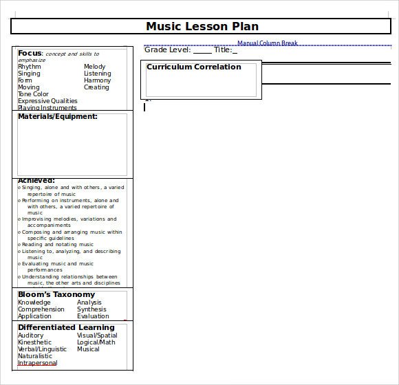 Lesson Plan Template Doc Sample Music Lesson Plan Template 9 Free Documents In