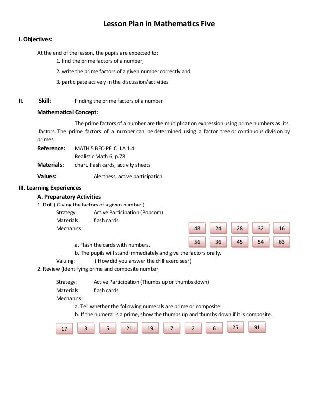 Lesson Plans Template Elementary Lesson Plan In Elementary Mathematics Five