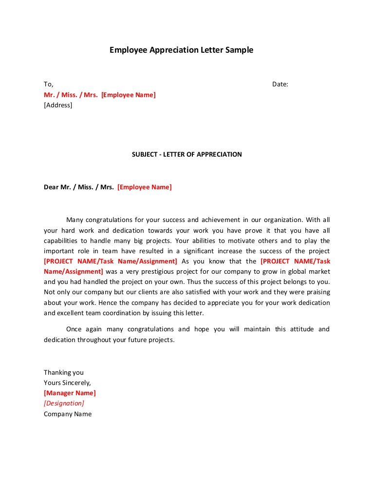Letter Of Appreciation Templates Employee Appreciation Letter Sample