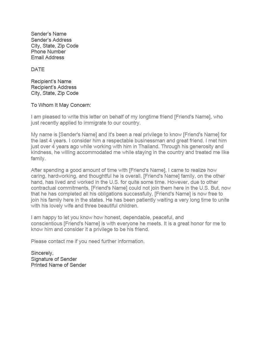 Letter Of Recommendation Immigration 36 Free Immigration Letters Character Reference Letters
