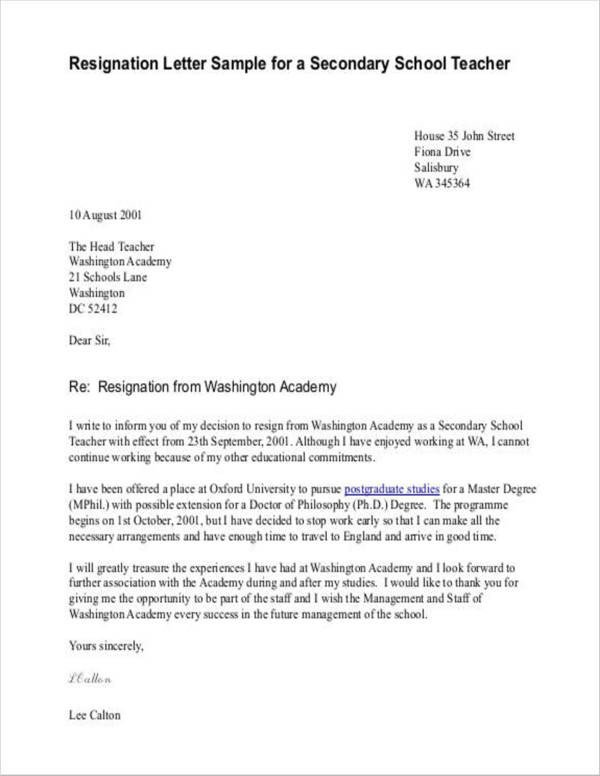 Letter Of Resignation Teacher 11 Teacher Resignation Letter Samples and Templates Pdf