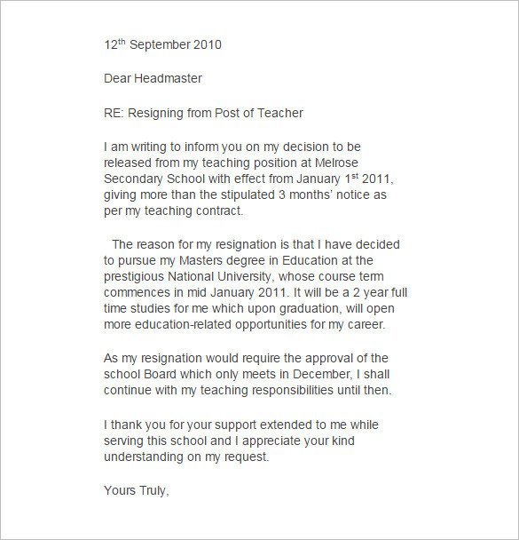 Letter Of Resignation Teacher 11 Teacher Resignation Letter Templates – Free Sample