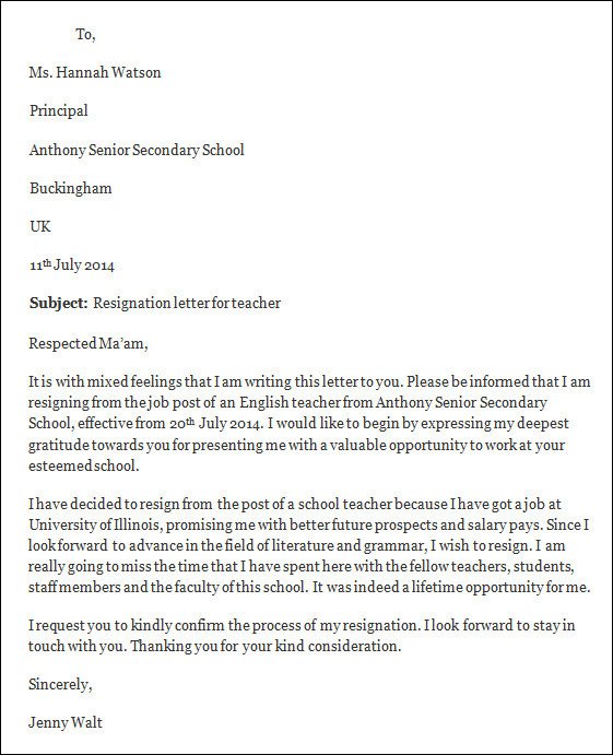 Letter Of Resignation Teacher Resignation Letter Template Free Resignation Letter Template