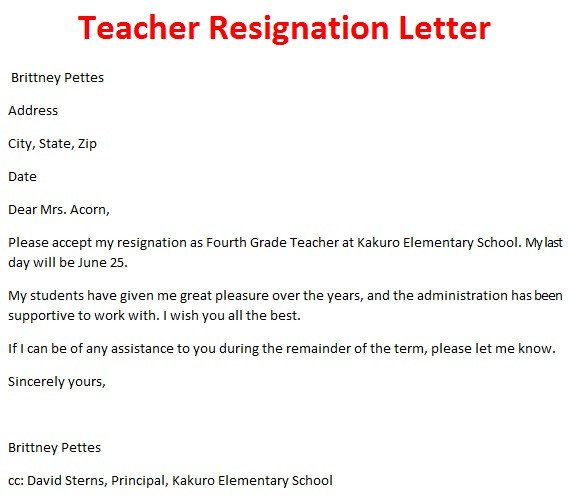 Letter Of Resignation Teacher Resignation Letter Template October 2012