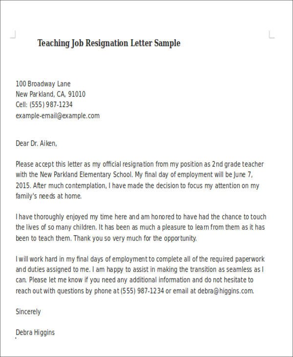Letter Of Resignation Teacher Sample Teaching Resignation Letter 6 Examples In Pdf