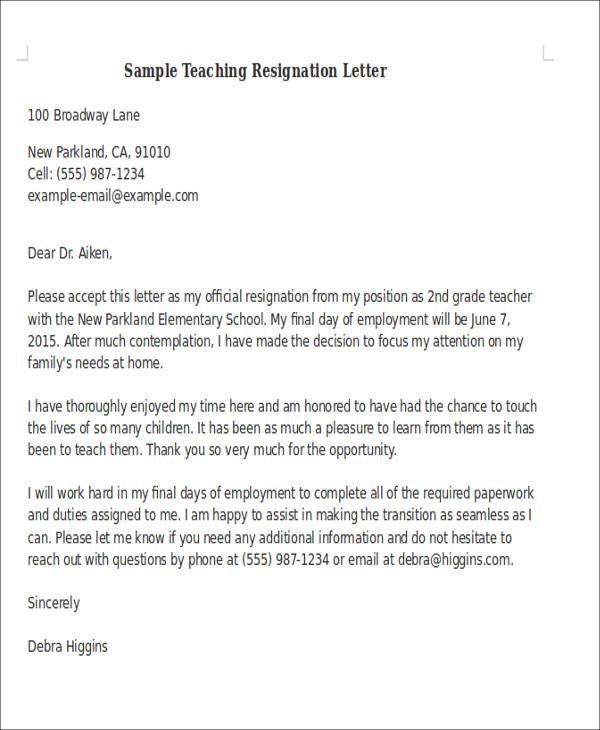 Letter Of Resignation Teacher Sample Teaching Resignation Letter Resume