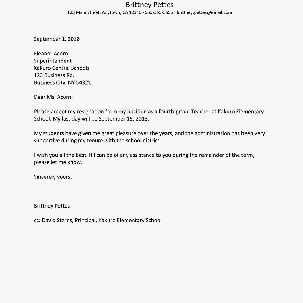 Letter Of Resignation Teacher Teacher Resignation Letter Examples