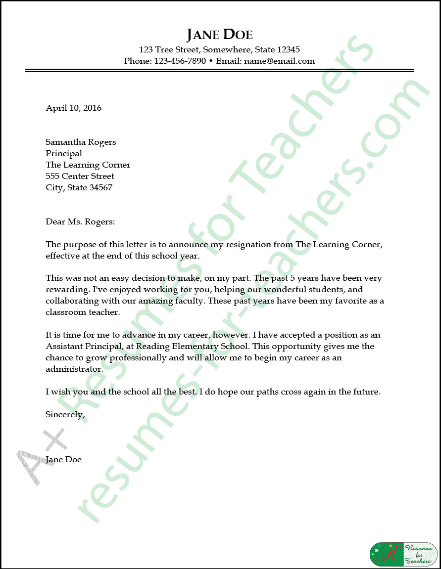 Letter Of Resignation Teacher Teacher Resignation Letter Sample and Writing Tips