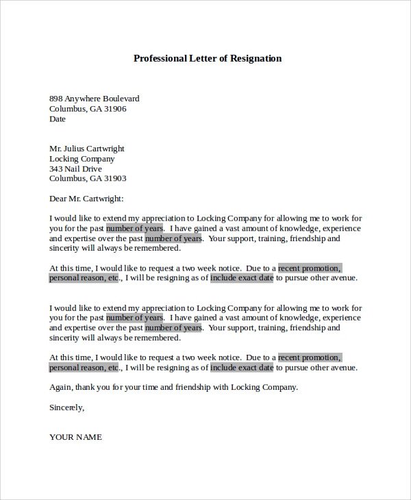 Letter Of Resignation Template Word 17 Letter Of Resignation Samples Pdf Word Apple Pages