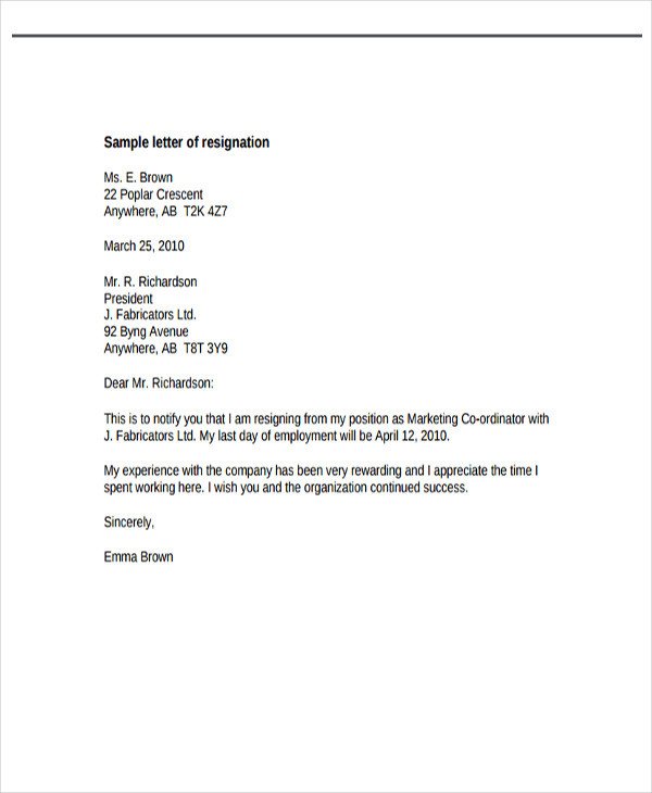 Letter Of Resignation Templates 29 Resignation Letter Templates In Pdf