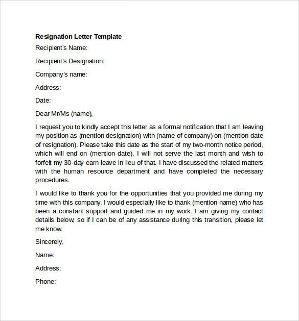 Letter Of Resignation Templates Sample Resignation Letter Example 10 Free Documents