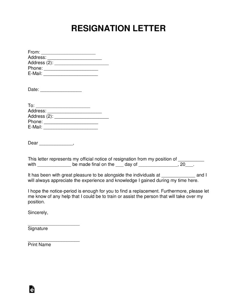Letter Of Resignation Templates Word Free Resignation Letter Templates Samples and Examples