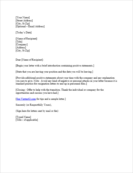 Letters Of Resignation Template Free Letter Of Resignation Template